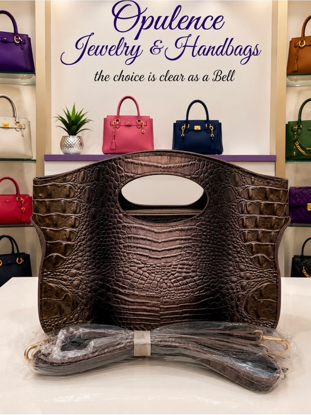 Brown Croc-Embossed Women’s Handbag with Removable Strap